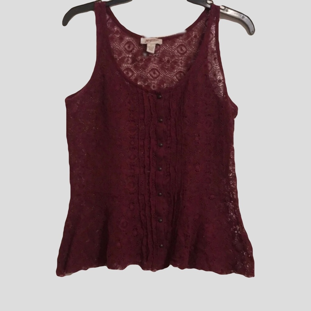(SOLD) Arizona Burgundy Button Peplum Lace Top Size M
